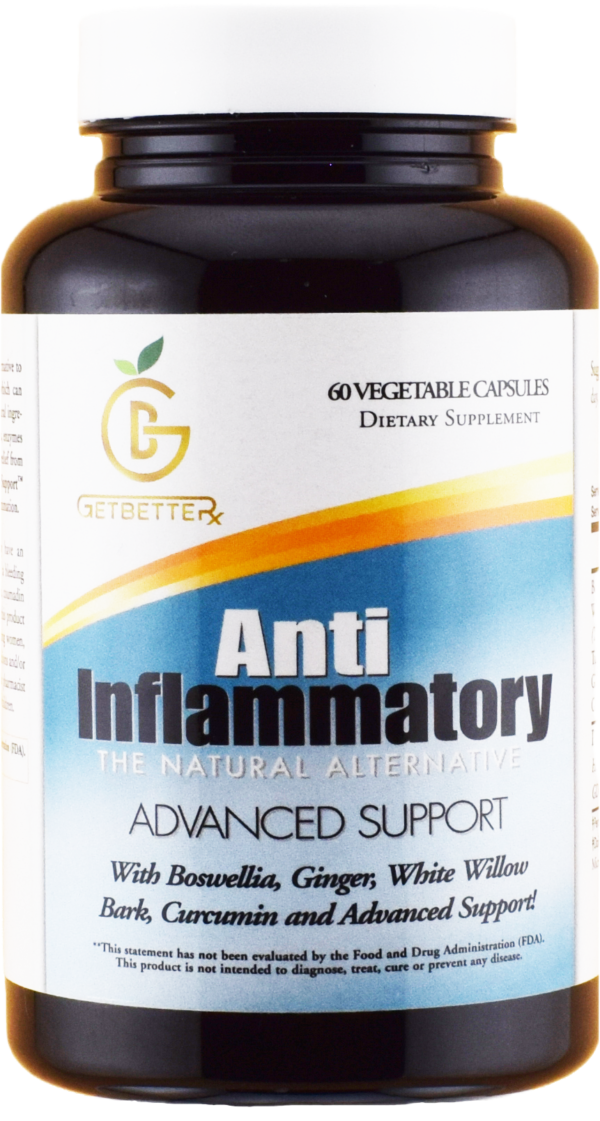 Experience natural pain relief with Get BetteRx Anti-Inflammatory. This powerful blend includes Boswellia, White Willow Bark, Turmeric, Ginger, Galangal, Hesperidin, Rutin, Prunella, Bromelain, Trypsin, and Quercetin. Our formula provides effective, safe, and natural relief from inflammation and pain without the risks of prescription drugs. Free from common allergens and artificial additives, BetteRx Anti-Inflammatory supports your health and well-being.