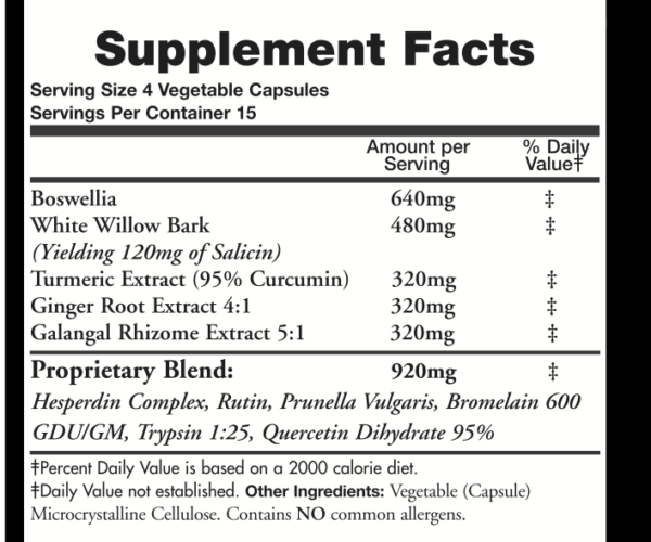 Supplement Facts label for Get BetteRx Anti-Inflammatory, detailing a powerful blend of natural ingredients including Boswellia, turmeric, white willow bark, bromelain, ginger, and quercetin. Designed to reduce inflammation, support joint health, and provide natural pain relief. Gluten-free, dairy-free, and made in the USA