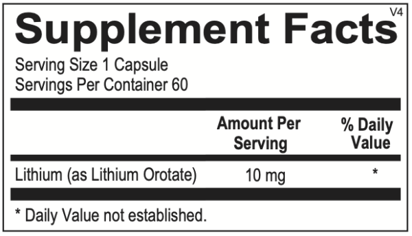 Supplement Facts for Get BetteRx Lithium Orotate – Displays serving size, key ingredient (Lithium Orotate with 4.8 mg elemental lithium per capsule), and additional nutritional information. Free from common allergens, non-GMO, and made in the USA.