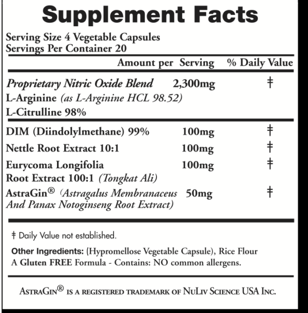 Supplement Facts label for Get BetteRx Nitric Oxide Booster. Each serving contains 2650 mg of active ingredients, including L-Arginine, L-Citrulline, DIM, Nettle Root Extract, and AstraGin® (Astragalus & Panax Notoginseng) for enhanced nitric oxide production, circulation, and hormone balance. Free from common allergens, artificial colors, flavors, and preservatives. Made in the USA.