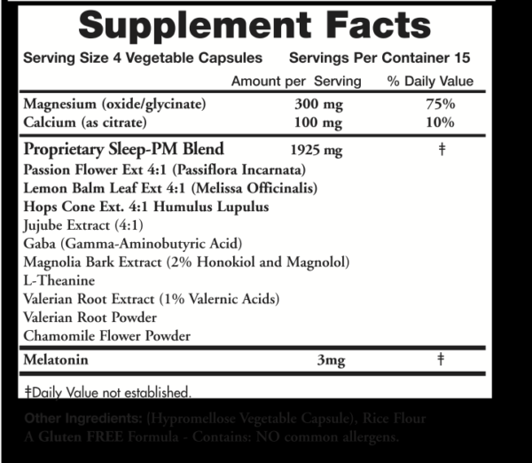 BetteRx Sleep Supplement Facts Label – Detailed ingredient list including Magnesium, Calcium, Passion Flower, Lemon Balm, Hops Extract, Jujube, Magnolia Bark Extract, Valerian Root, Chamomile, Melatonin, GABA, and L-Theanine. Serving size, daily values, and usage instructions provided. Made in the USA, allergen-free, and in vegetable capsules.