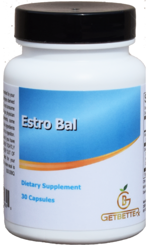 A bottle of Estro Bal, a supplement for balanced estrogen metabolism, is displayed against a clean, professional background. The label emphasizes its support for estrogen balance, detoxification, and cellular health. Powered by the synergistic effects of indole-3-carbinol (I3C) and diindolylmethane (DIM), derived from cruciferous vegetables, Estro Bal is designed to aid both men and women in achieving proper estrogen metabolism, promoting breast and prostate health, and providing antioxidant support for DNA stability.