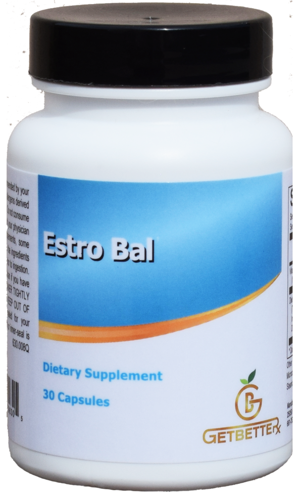 A bottle of Estro Bal, a supplement for balanced estrogen metabolism, is displayed against a clean, professional background. The label emphasizes its support for estrogen balance, detoxification, and cellular health. Powered by the synergistic effects of indole-3-carbinol (I3C) and diindolylmethane (DIM), derived from cruciferous vegetables, Estro Bal is designed to aid both men and women in achieving proper estrogen metabolism, promoting breast and prostate health, and providing antioxidant support for DNA stability.