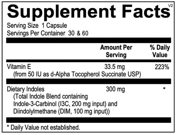 The Supplement Facts label for Estro Bal showcases key ingredients, including indole-3-carbinol (I3C) and diindolylmethane (DIM), derived from cruciferous vegetables. The label details ingredient amounts per serving, highlighting its focus on supporting estrogen balance, detoxification pathways, and cellular antioxidant health. Each ingredient is clearly listed to ensure transparency and emphasize the product's commitment to natural, science-based hormone support for both men and women.