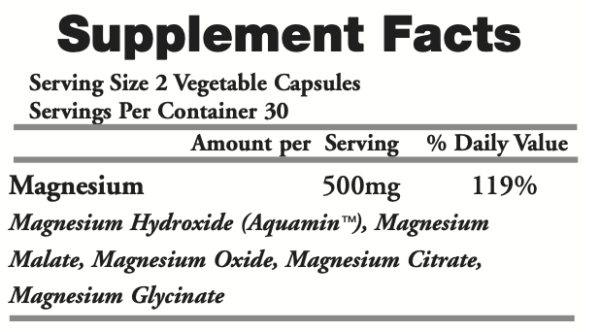 Supplement Facts label for Get BetteRx Magnesium Complex, detailing serving size, ingredients, and nutritional values. Includes five forms of magnesium—Hydroxide (Aquamin), Malate, Oxide, Citrate, and Glycinate—formulated for optimal absorption and comprehensive health benefits. Non-GMO, gluten-free, and manufactured in a GMP-certified facility.