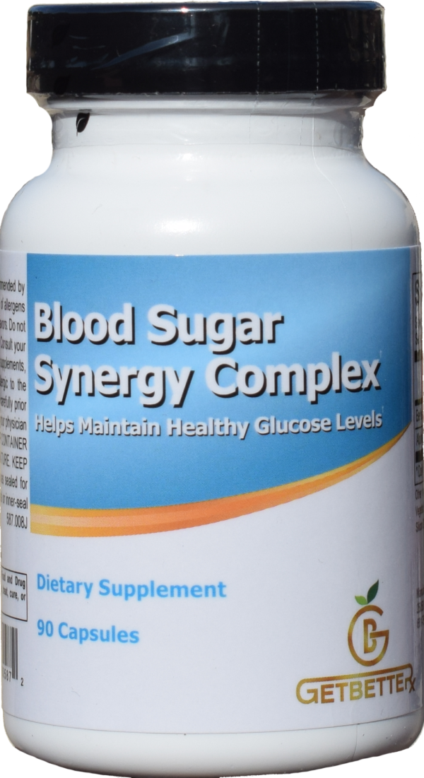 Blood Sugar Synergy Complex label displaying a health supplement designed to support healthy blood sugar and cholesterol levels. Key benefits include maintaining normal blood sugar levels, promoting cardiovascular health, enhancing cellular energy production, and providing antioxidant support. Contains clinically researched ingredients like Berberine HCl (1000mg) and Alpha Lipoic Acid (200mg) per serving, which work together to support metabolic and cardiovascular health.