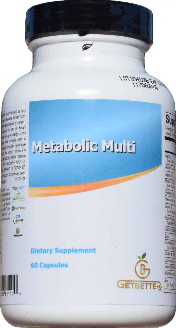 Metabolic Multi supplement bottle featuring a professionally designed label. Supports cellular energy, antioxidant protection, detoxification, and immune function. Contains key ingredients like acetyl L-carnitine, alpha lipoic acid, N-acetyl cysteine, green tea extract, and resveratrol. Gluten-free and free from artificial colors and flavors.