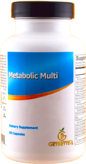 Metabolic Multi supplement bottle featuring a professionally designed label. Supports cellular energy, antioxidant protection, detoxification, and immune function. Contains key ingredients like acetyl L-carnitine, alpha lipoic acid, N-acetyl cysteine, green tea extract, and resveratrol. Gluten-free and free from artificial colors and flavors.