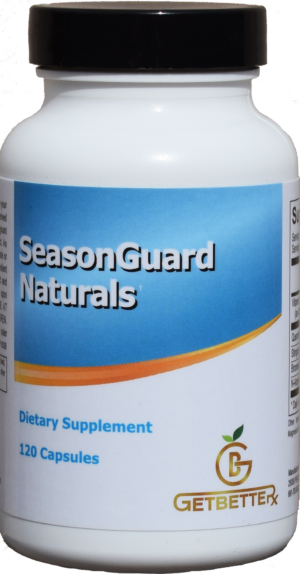 A bottle of SeasonGuard Naturals™, a natural supplement for seasonal immune support, sits on a clean, bright background. The label highlights key ingredients like quercetin, stinging nettles, bromelain, NAC, and vitamin C. The product promises enhanced respiratory health, balanced immune response, and clearer nasal passages, especially during peak allergy seasons. The minimalist design emphasizes natural wellness and ease of use for individuals sensitive to seasonal changes.