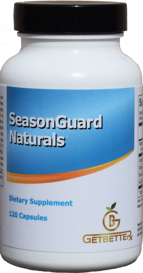 A bottle of SeasonGuard Naturals™, a natural supplement for seasonal immune support, sits on a clean, bright background. The label highlights key ingredients like quercetin, stinging nettles, bromelain, NAC, and vitamin C. The product promises enhanced respiratory health, balanced immune response, and clearer nasal passages, especially during peak allergy seasons. The minimalist design emphasizes natural wellness and ease of use for individuals sensitive to seasonal changes.