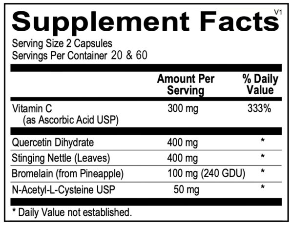 An image showing the Supplement Facts label of SeasonGuard Naturals™, detailing its natural ingredients and their amounts per serving. Key ingredients include quercetin, stinging nettles, bromelain, N-Acetyl Cysteine (NAC), and vitamin C. The label emphasizes the formula's focus on immune support, sinus clarity, and respiratory health, especially for those sensitive to seasonal allergens.