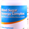 Blood Sugar Synergy Complex label displaying a health supplement designed to support healthy blood sugar and cholesterol levels. Key benefits include maintaining normal blood sugar levels, promoting cardiovascular health, enhancing cellular energy production, and providing antioxidant support. Contains clinically researched ingredients like Berberine HCl (1000mg) and Alpha Lipoic Acid (200mg) per serving, which work together to support metabolic and cardiovascular health.
