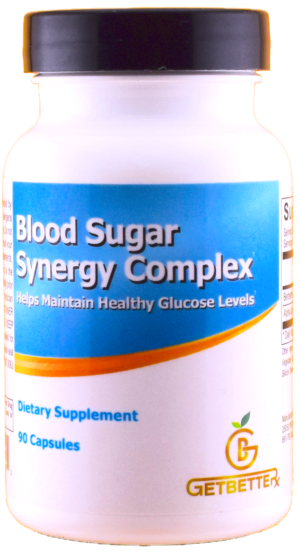 Blood Sugar Synergy Complex label displaying a health supplement designed to support healthy blood sugar and cholesterol levels. Key benefits include maintaining normal blood sugar levels, promoting cardiovascular health, enhancing cellular energy production, and providing antioxidant support. Contains clinically researched ingredients like Berberine HCl (1000mg) and Alpha Lipoic Acid (200mg) per serving, which work together to support metabolic and cardiovascular health.