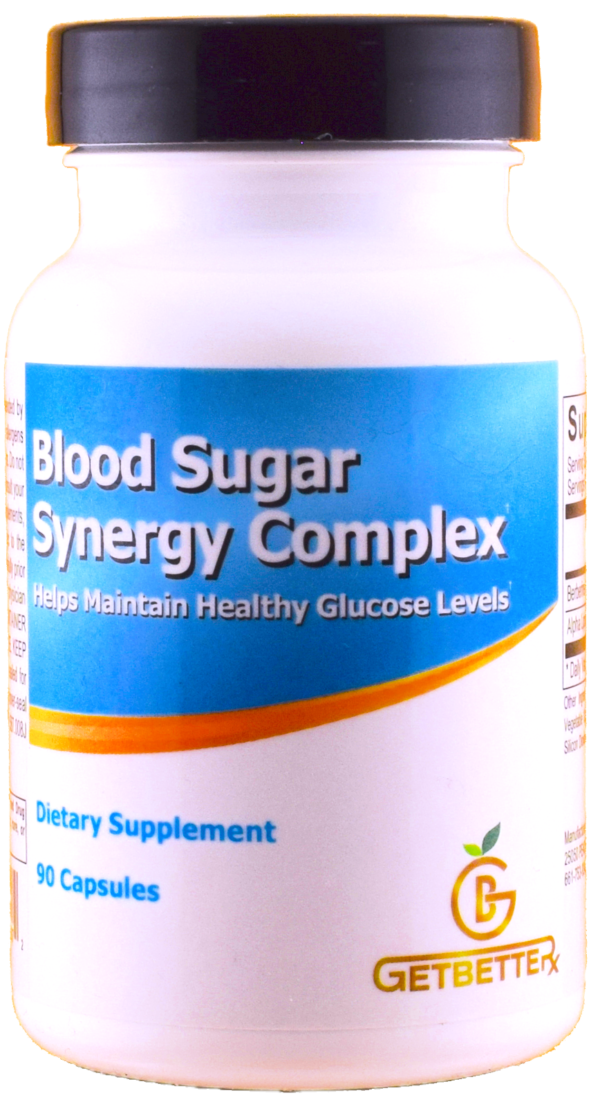 Blood Sugar Synergy Complex label displaying a health supplement designed to support healthy blood sugar and cholesterol levels. Key benefits include maintaining normal blood sugar levels, promoting cardiovascular health, enhancing cellular energy production, and providing antioxidant support. Contains clinically researched ingredients like Berberine HCl (1000mg) and Alpha Lipoic Acid (200mg) per serving, which work together to support metabolic and cardiovascular health.