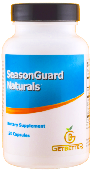 A bottle of SeasonGuard Naturals™, a natural supplement for seasonal immune support, sits on a clean, bright background. The label highlights key ingredients like quercetin, stinging nettles, bromelain, NAC, and vitamin C. The product promises enhanced respiratory health, balanced immune response, and clearer nasal passages, especially during peak allergy seasons. The minimalist design emphasizes natural wellness and ease of use for individuals sensitive to seasonal changes.