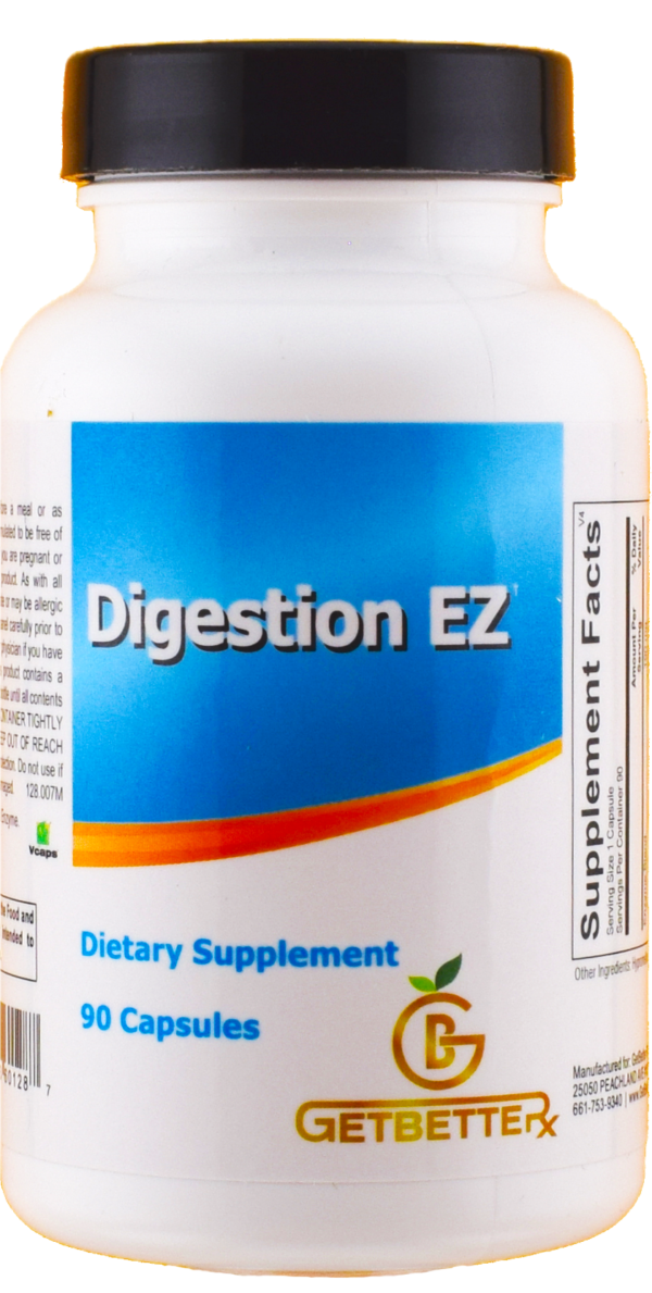 Bottle of Digestion EZ – a plant-based digestive enzyme supplement designed to support nutrient absorption, reduce bloating, and promote gut health.