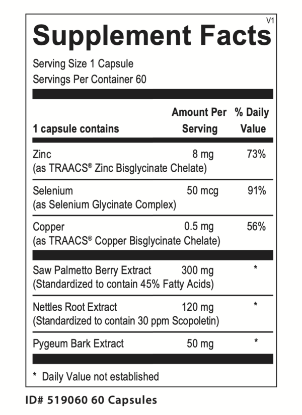 Supplement Facts label for Prostate Support, detailing serving size, ingredients, and daily values. Includes saw palmetto extract, stinging nettle root extract, pygeum bark extract, zinc, selenium, and copper. Free from gluten, yeast, and artificial colors or flavors.