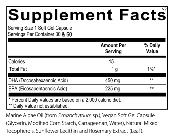 Supplement Facts label for Pure Algae Omega. Each serving (1 soft gel) contains 450 mg DHA and 225 mg EPA from algal oil in triglyceride form for superior absorption. Also includes vitamin E (mixed tocopherols) and rosemary extract for freshness. Free from fish, soy, gluten, and artificial additives. Designed for cardiovascular, brain, joint, and inflammatory health.