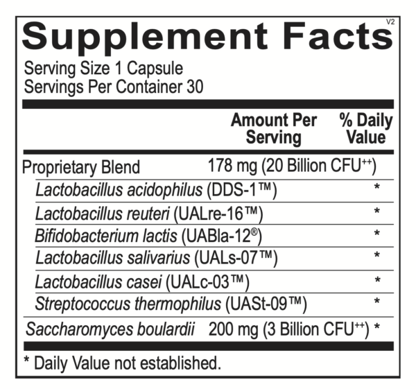 Ultra Biotic Supplement Facts label displaying serving size, probiotic strains, CFU counts, and additional ingredients. Highlights key strains including Lactobacillus acidophilus (DDS-1™), Bifidobacterium lactis (UABIa-12®), and Saccharomyces boulardii. Free from gluten, corn, and artificial colors or flavors.